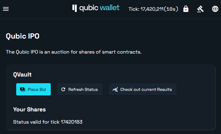 Qubic_JOETOM's tweet photo. If you want to participate in a @_Qubic_  smart contract IPO, one option is to use the web wallet.

go to IPO, click Place Bid, enter amount and quantity and Send Bid.