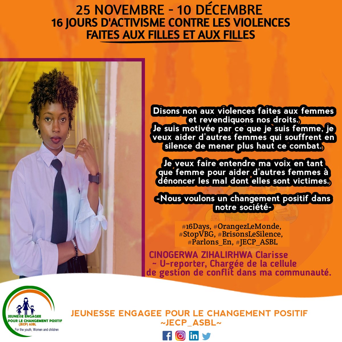 JECP_asbl10962's tweet photo. 🔈 #CinogerhwaZihalirwaClarisse  : Nous voulons un changement positif dans notre communauté, nous voulons une société sans violences 

#OrangezLemonde, #JECP_ASBL, #BrisonsLeSilence, #Parlons_En, #StopVBG, #16Days, #PasDExcuse, @jecp_as https://t.co/NLzemS8hAt