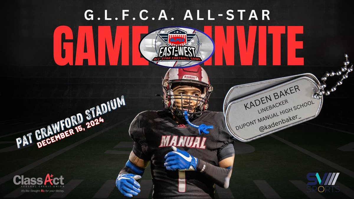 🚨<a href="/GLFCA1/">GLFCA</a> EAST VS. WEST ALL-STAR FOOTBALL GAME🚨
DATE: DECEMBER 15, 2024
LOCATION: <a href="/Ballard_Bruins/">Ballard Bruin Athletics</a> (LOUISVILLE, KY)

☆Congrats to <a href="/kadenbaker__/">Kaden Baker</a> of <a href="/dupontmanualfb/">dupontmanualfootball</a> on his OFFICIAL INVITE to the 2024 GLFCA East vs. West All-Star Football Game☆

*FURTHER DETAILS SHARED LATER*