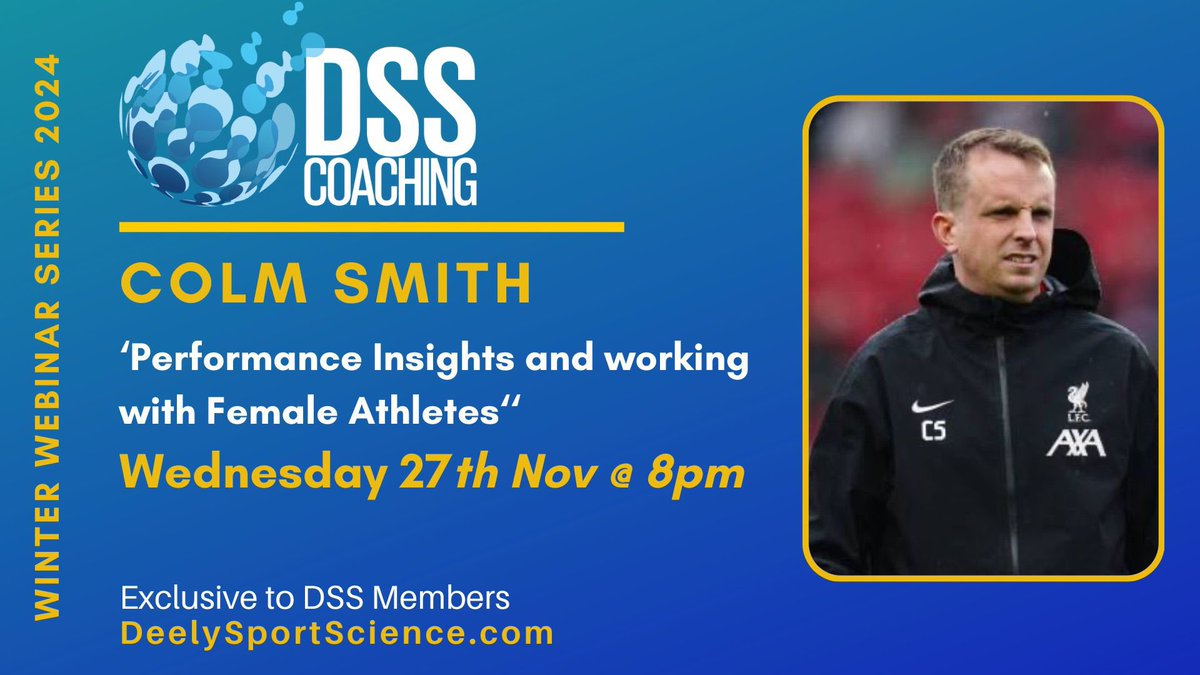 Really looking forward to hosting this webinar tonight with my old pal <a href="/ColmSmith13/">Colm Smith</a> 

Colm is a Performance Coach at Liverpool FC and will be presenting ‘Performance insights and working with female athletes’ ⚽️🏐🏉

Join us for our <a href="/DeelySport/">DSS Coaching</a> Winter Webinar Series today