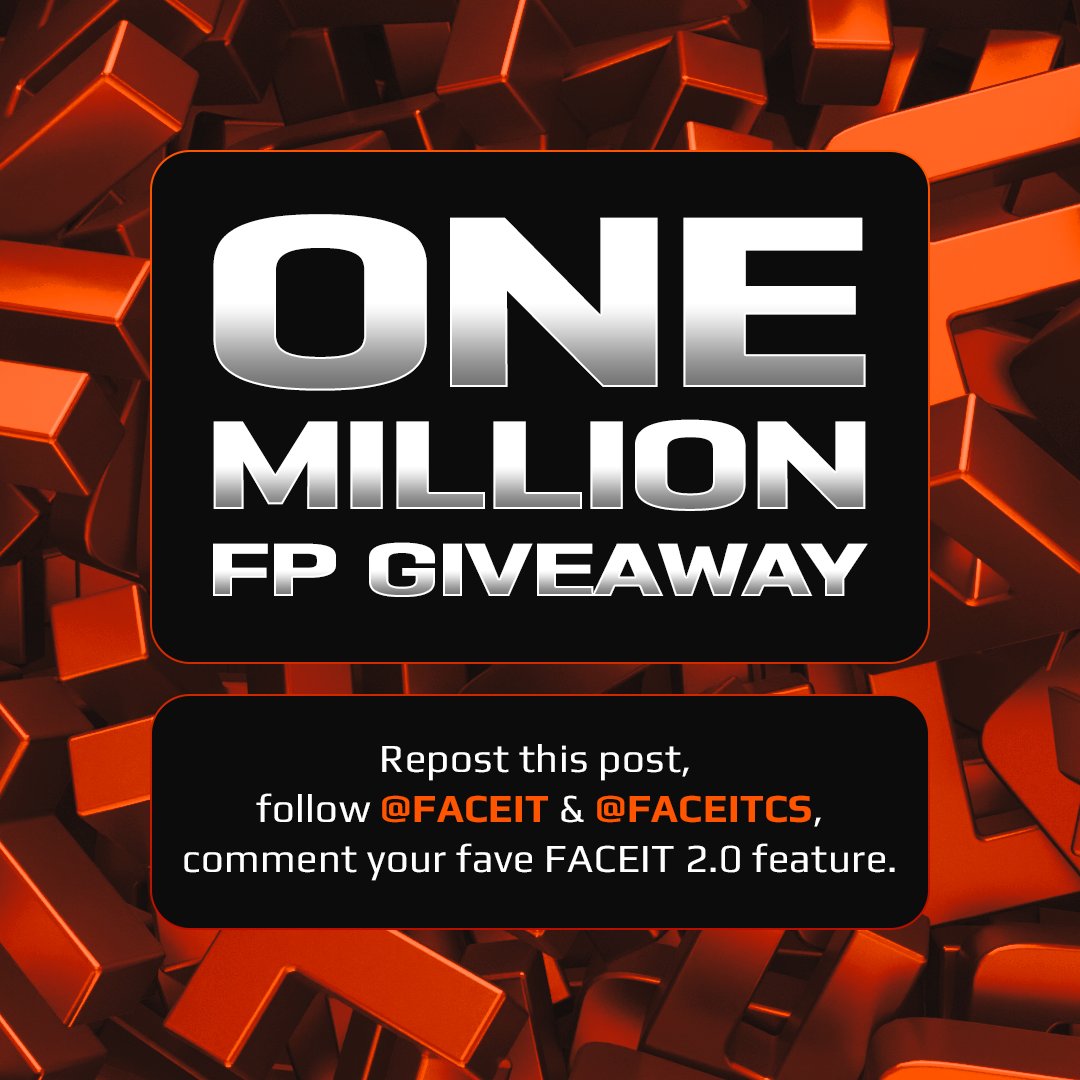 FACEIT 2.0 is here! To celebrate our biggest update ever, we're giving away 1,000,000 FACEIT points🎉

To enter:
⭐️ Follow <a href="/FACEIT/">FACEIT</a> + <a href="/FACEITcs/">FACEIT CS2</a>
💬 Comment your favorite FACEIT 2.0 feature
🧡 Like &amp; RT

Drawing winner in 72hrs 🤞