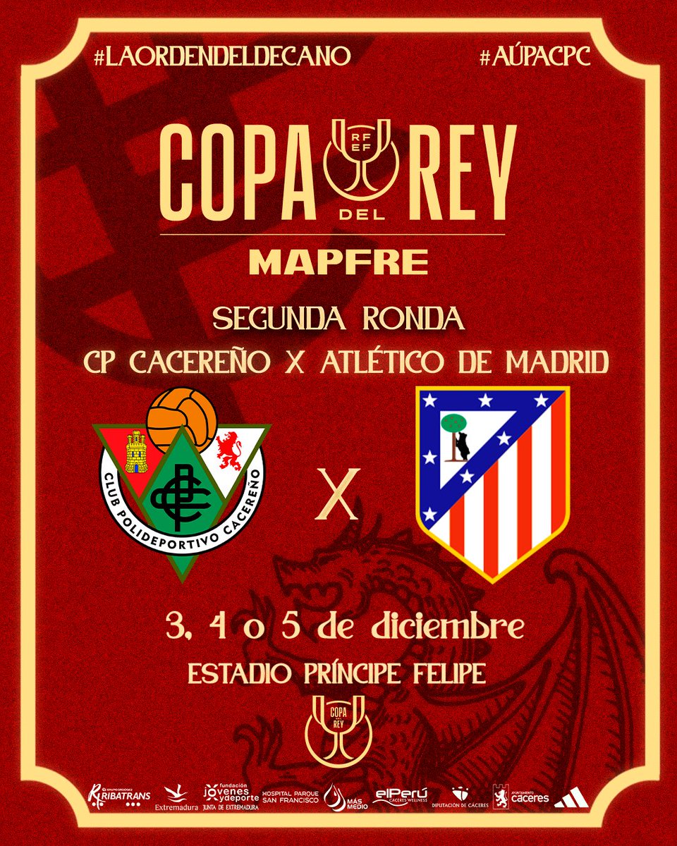 😁 ¡Ya tenemos rival en #CopaDelRey! 🏆

⚽️ ¡¡¡Nos enfrentaremos al <a href="/Atleti/">Atlético de Madrid</a> en la segunda ronda!!! 🙌

🤗 Seréis bienvenidos al Príncipe Felipe, estadio de solera copera 😉

#CacereñoAtlético
#LaOrdenDelDecano #LaCopaMola