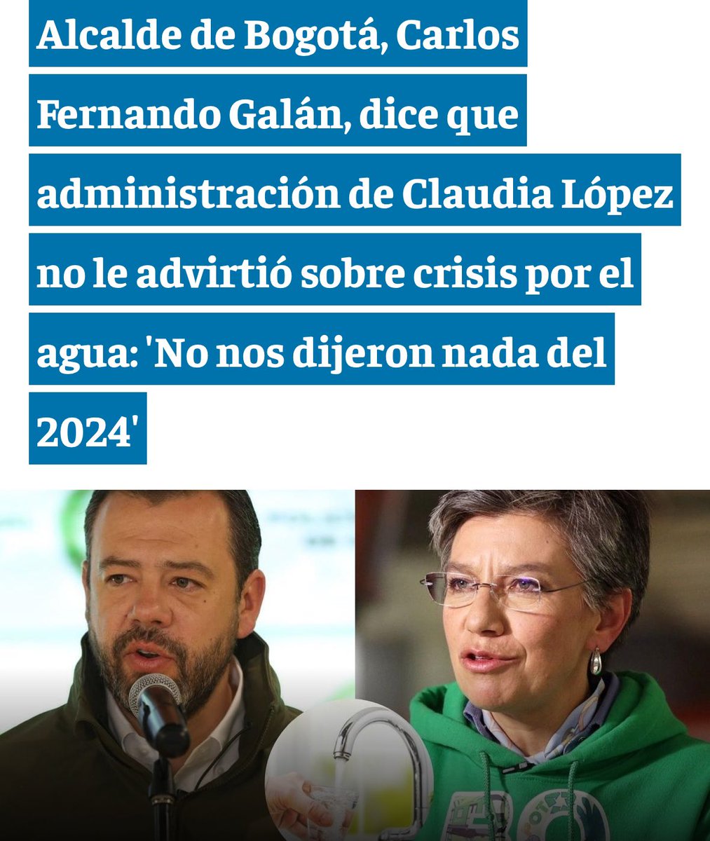 heidy_up's tweet photo. Dice el adagio popular que en los malos momentos se conocen la amistades, también se dice que en política, la coherencia es un principio en vía de extinción.

El alcalde @CarlosFGalan, como buen político tradicional, al ver que sus gestiones frente a la crisis de agua en la ciudad no han servido para nada, decide echarle la culpa a la ex mandataria Claudia López, denunciando que nunca se le advirtió sobre la gravedad de la situación. 

Una lavada de manos olímpica ante su pésima gestión. “Construir sobre lo construido”, gritaba a viva voz esta Administración, ahora, debe asumir las consecuencias de 11 meses de incapacidad técnica y política para enfrentar la crisis.

Bogotá a la deriva, sin alcalde y sin gerente del @AcueductoBogota.

🔗 @ELTIEMPO: https://t.co/01y6lwTudA