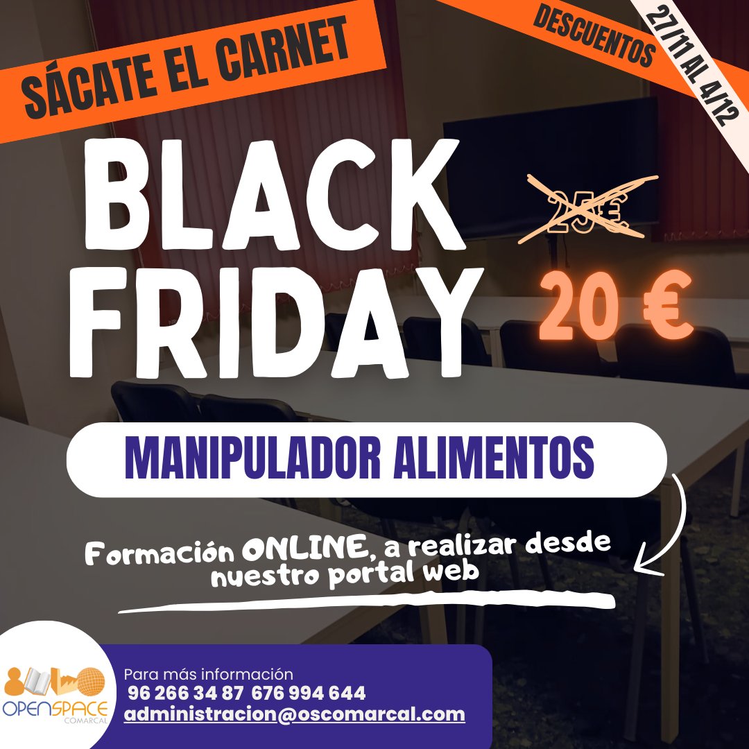 OSComarcal's tweet image. BLACK FRIDAY ‼️

🗣️Del 27 de noviembre al 4 de diciembre DESCUENTOS EXLUSIVOS 

Curso MANIPULADOR DE ALIMENTOS online por 20€ ⚠️

Infórmate al 676994644 y sácate tu carnet 🪪

NO LO DEJES PASAR Y REGALATE FORMACIÓN 🧡👏

#openspacecomarcal #formaciónprofesional #blackfriday