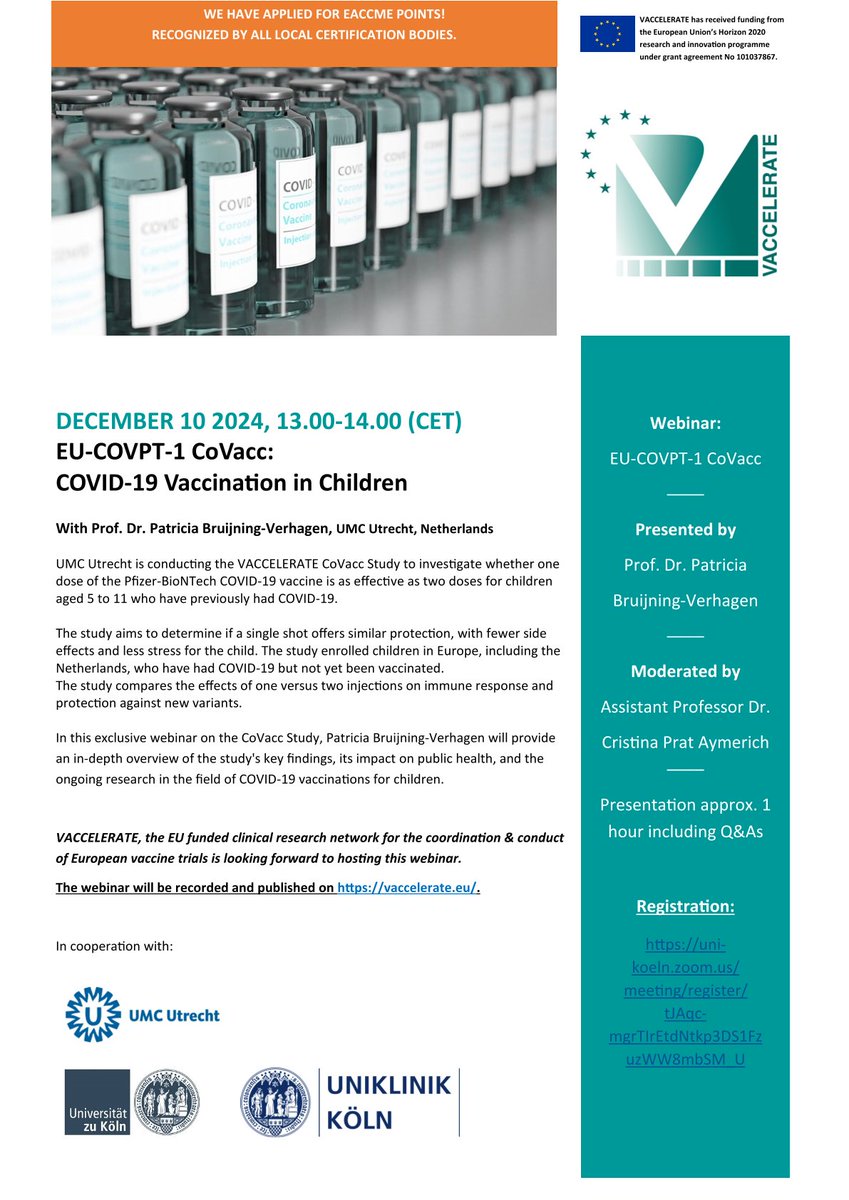 VACCELERATE Consortium 🇪🇺🇺🇦 (@vaccelerate_eu) on Twitter photo 📅 December 10 | 13:00-14:00
🎓 #VACCELERATE Webinar with <a href="/P_Bruijning/">Patricia Bruijning</a> <a href="/IenI_UMCUtrecht/">Infection & Immunity UMC Utrecht</a> <a href="/UMCU_Intl/">UMC Utrecht International</a>
Is one dose of the Pfizer-BioNTech #vaccine as effective as two for children who have had #COVID19?
Registration: uni-koeln.zoom.us/meeting/regist…
#PublicHealth #Children'sHealth 📅 December 10 | 13:00-14:00
🎓 #VACCELERATE Webinar with <a href="/P_Bruijning/">Patricia Bruijning</a> <a href="/IenI_UMCUtrecht/">Infection & Immunity UMC Utrecht</a> <a href="/UMCU_Intl/">UMC Utrecht International</a>
Is one dose of the Pfizer-BioNTech #vaccine as effective as two for children who have had #COVID19?
Registration: uni-koeln.zoom.us/meeting/regist…
#PublicHealth #Children'sHealth
