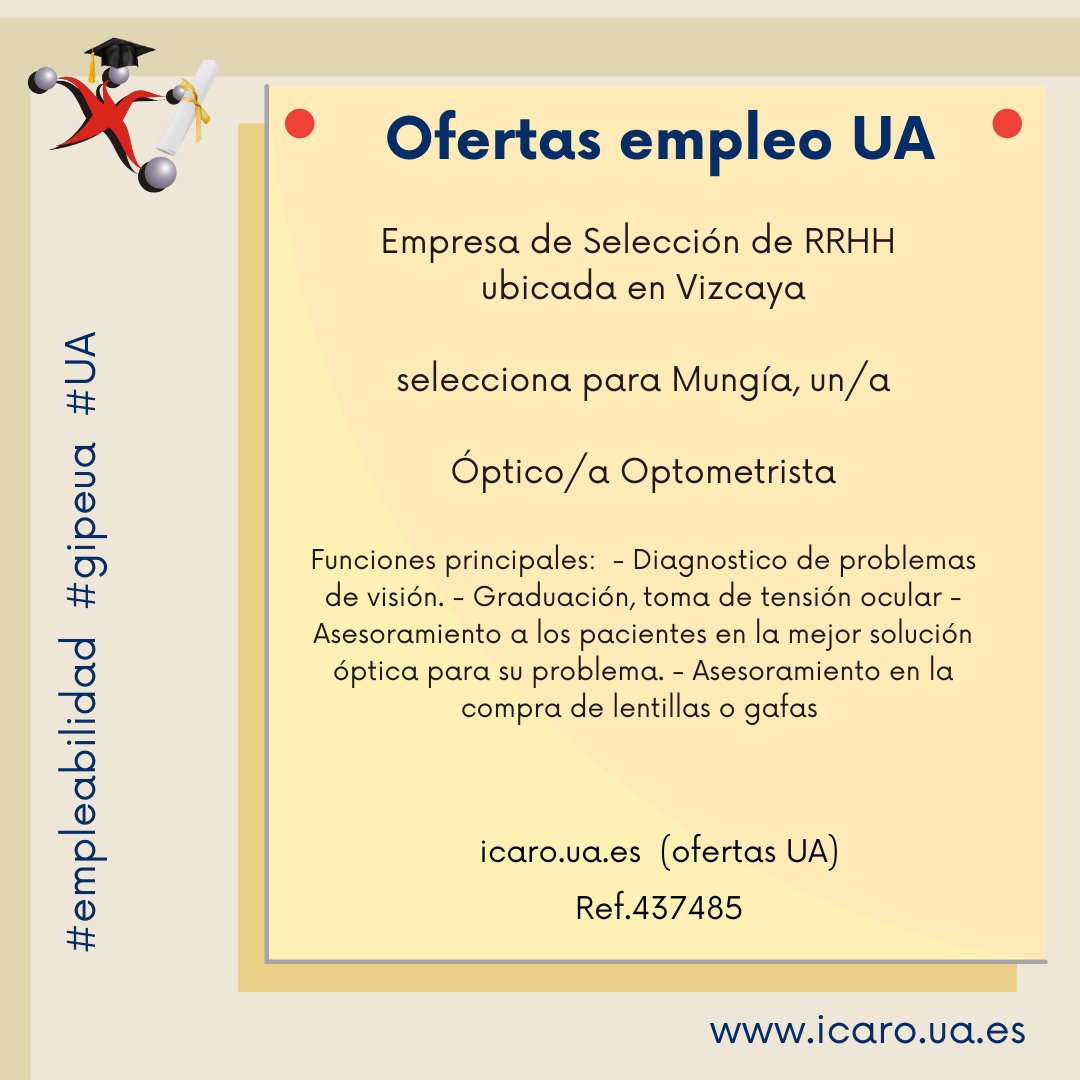 GIPE (@gipeua) on Twitter photo Tablón de ofertas de Empleo:
Óptico/a Optometrista (Vizcaya)
gipe.ua.es/es/tablon-de-o…
<a href="/Ciencias_UA/">CienciasUA</a> <a href="/DelcienciasUA/">Delegación Estudiantes de Ciencias UA</a> <a href="/UA_Universidad/">Universidad de Alicante UA</a> #practicasgipe #gipeua #UA Tablón de ofertas de Empleo:
Óptico/a Optometrista (Vizcaya)
gipe.ua.es/es/tablon-de-o…
<a href="/Ciencias_UA/">CienciasUA</a> <a href="/DelcienciasUA/">Delegación Estudiantes de Ciencias UA</a> <a href="/UA_Universidad/">Universidad de Alicante UA</a> #practicasgipe #gipeua #UA