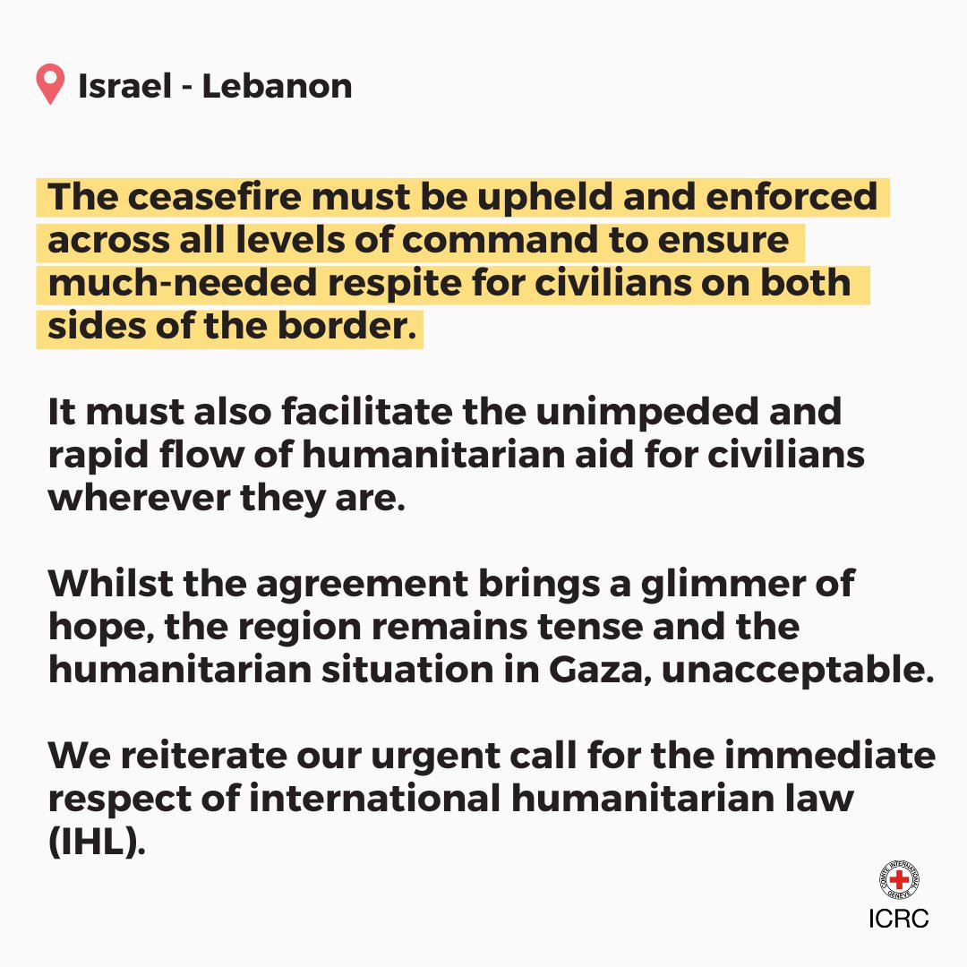 📍 Israel - Lebanon | We are encouraged that a ceasefire has been agreed that would end the fighting and help bring some hope and stability to a region exhausted by conflict.
 
Civilians must be protected, always.

News release: ms.spr.ly/6013WNrH1