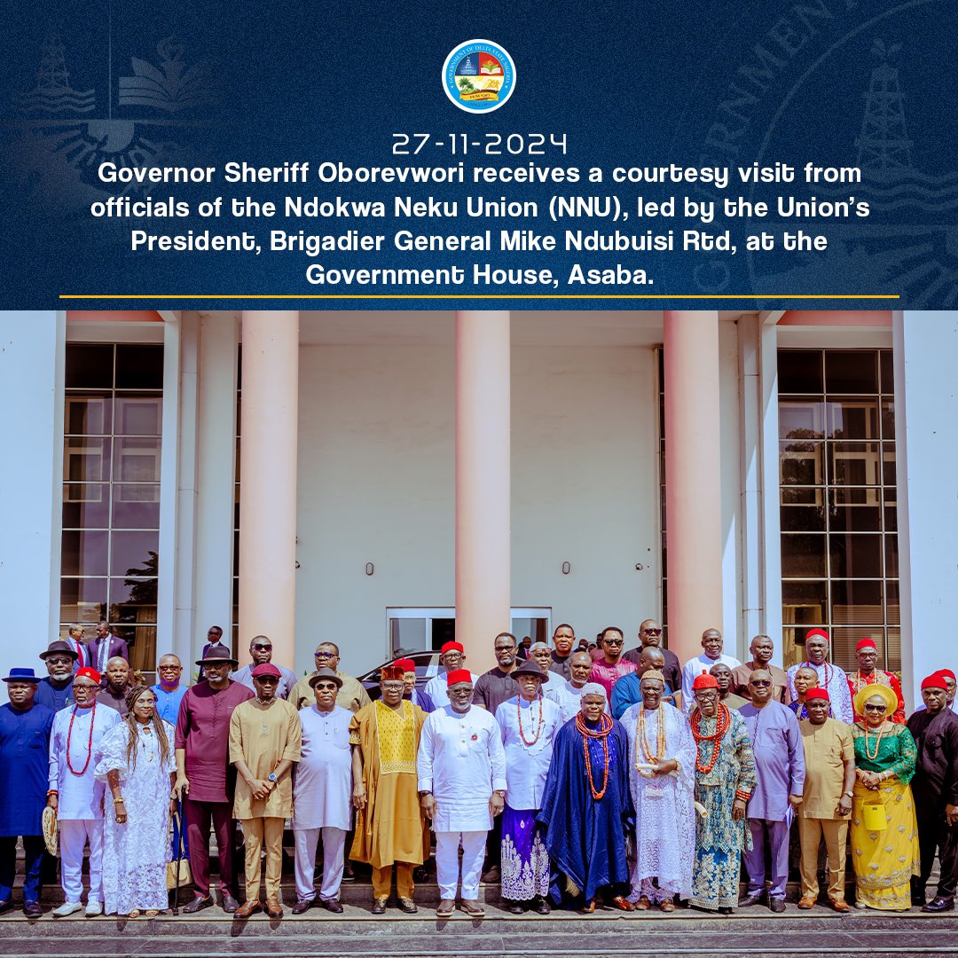 DSGovernment's tweet photo. Today, Governor Sheriff Oborevwori reaffirmed his commitment to Ndokwa’s development, assuring tangible progress and inclusion during a courtesy visit by Ndokwa Neku Union (NNU) officials, led by the Union’s President Mike Ndubisi, at Government House, Asaba. https://t.co/rfa8xFzNqh