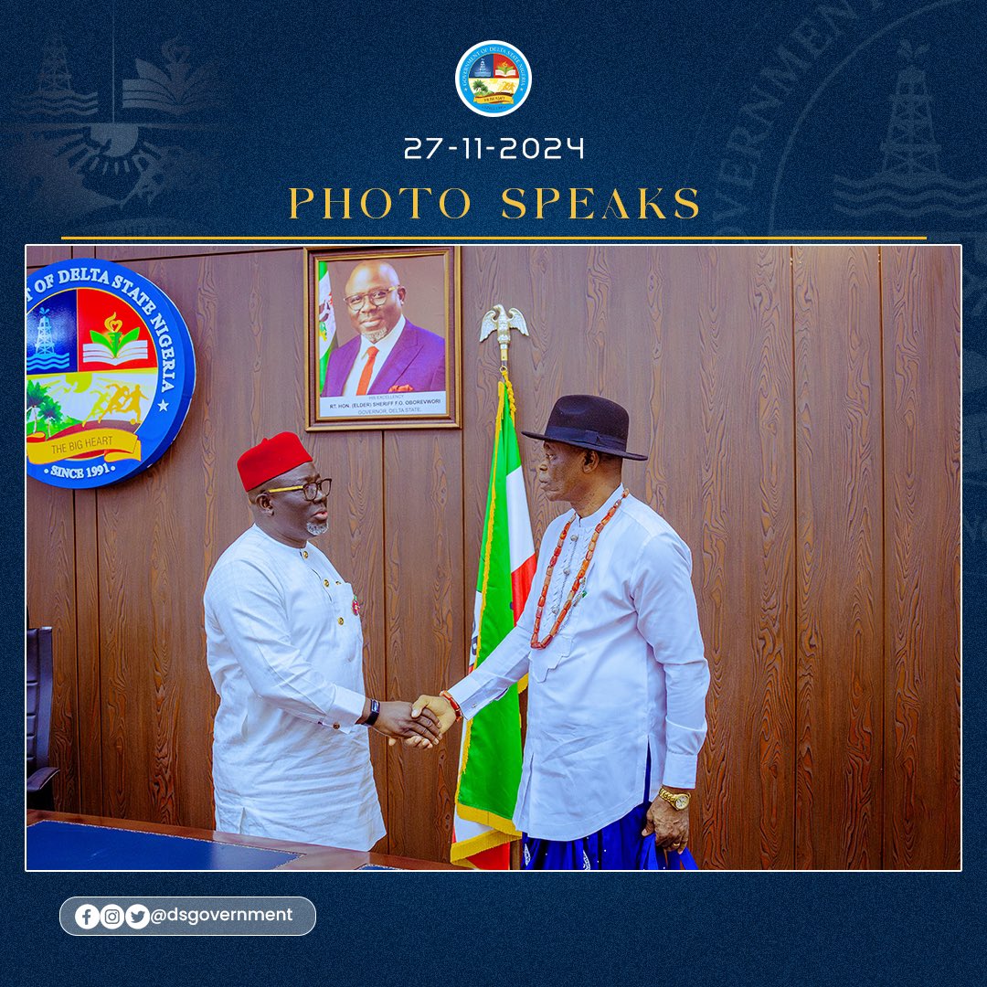 DSGovernment's tweet photo. Today, Governor Sheriff Oborevwori reaffirmed his commitment to Ndokwa’s development, assuring tangible progress and inclusion during a courtesy visit by Ndokwa Neku Union (NNU) officials, led by the Union’s President Mike Ndubisi, at Government House, Asaba. https://t.co/rfa8xFzNqh