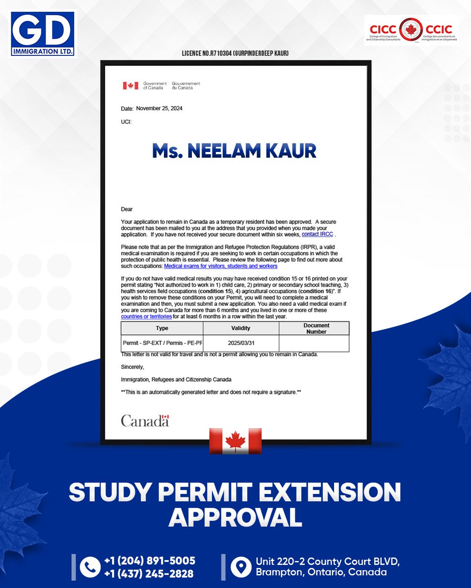 gurmilap27's tweet image. Huge congratulations to Ms. Neelam on the approval of her Study Permit Extension!🎉
🎓 Her future in Canada is full of exciting opportunities ahead 🇨🇦

GD Immigration is here to guide you every step of the way
.
.
.
#GDImmigration #PGWP #WorkPermitSuccess #Canada #Immigration