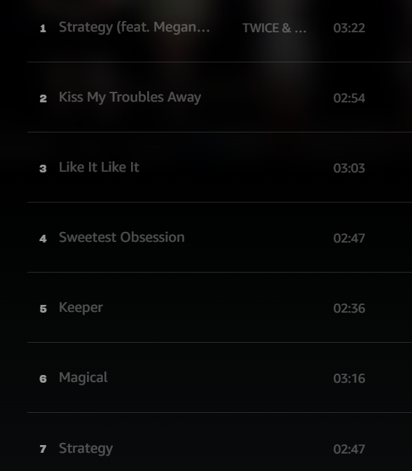 godmitzu's tweet photo. TWICE 'STRATEGY' ALBUM TRACK DURATIONS

1. Strategy feat. Megan Thee Stallion (3:22)
2. Kiss My Troubles Away (2:54)
3. Like It Like It (3:03)
4. Sweetest Obsession (2:47)
5. Keeper (2:36)
6. Magical (3:16)
7. Strategy (2:47) https://t.co/H0MIS37oo5