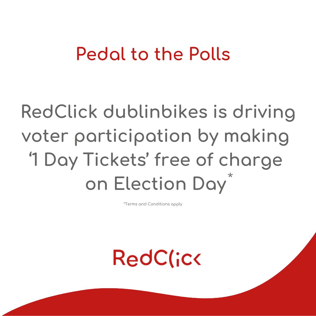 RedClickIreland's tweet photo. Polling day is almost here so, to encourage &amp; enable greater voter participation, ‘1 Day Tickets’ for RedClick dublinbikes will be free of charge on Election Day, this Friday, 29 November. Log on to https://t.co/FD3KCLa41q or the official RedClick dublinbikes app for more. https://t.co/VL8MavKsH9