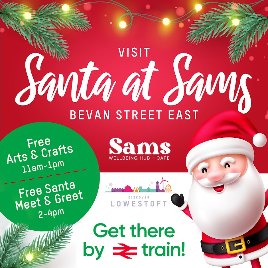 The #Lowestoft Christmas Lights switch-on is this Sat 30/11. At Sams Wellbeing Hub/Cafe, FREE Christmas arts/crafts for kids 11a-1p. Santa 2p-4p for a FREE meet/greet &amp; photos. The café will be open for food/drink. Get there by train! Just a 2 minute walk from the rail station.