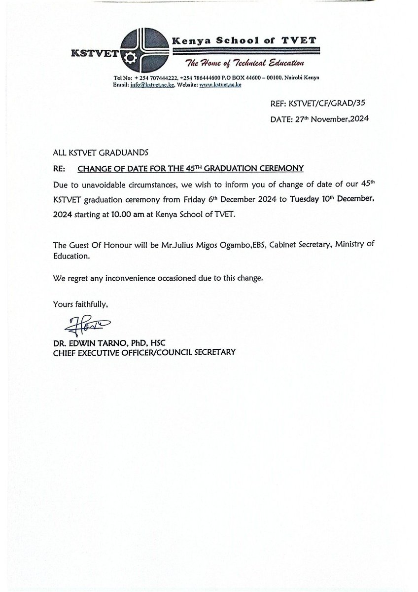 The Kenya School of TVET wishes to inform the public that the graduation date has been changed from 6 December 2024 to 10 December 2024. For more information kstvet.ac.ke/change-of-date…
