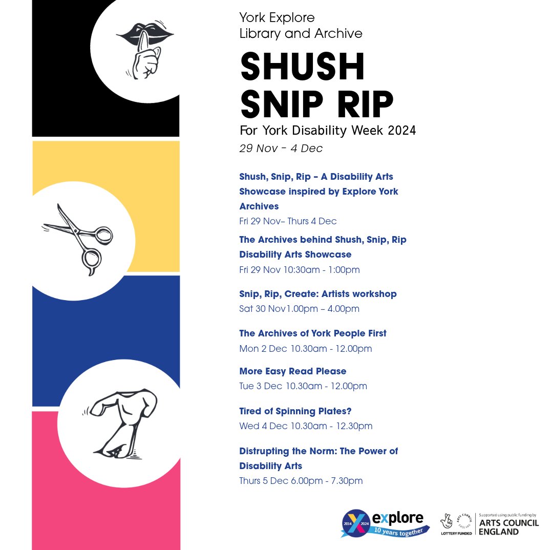 YorkExplore's tweet image. 🌟 Opening this Friday 🌟
The return of 'Shush Snip Rip', a disability arts showcase and exhibition here at York Explore from Fri 29 Nov - Thurs 4 Dec.
Swipe to see all events for @YorkDisability 👉 exploreyork.org.uk/york-disabilit…
#LetsCreate #ExploreTogether #creativeyork