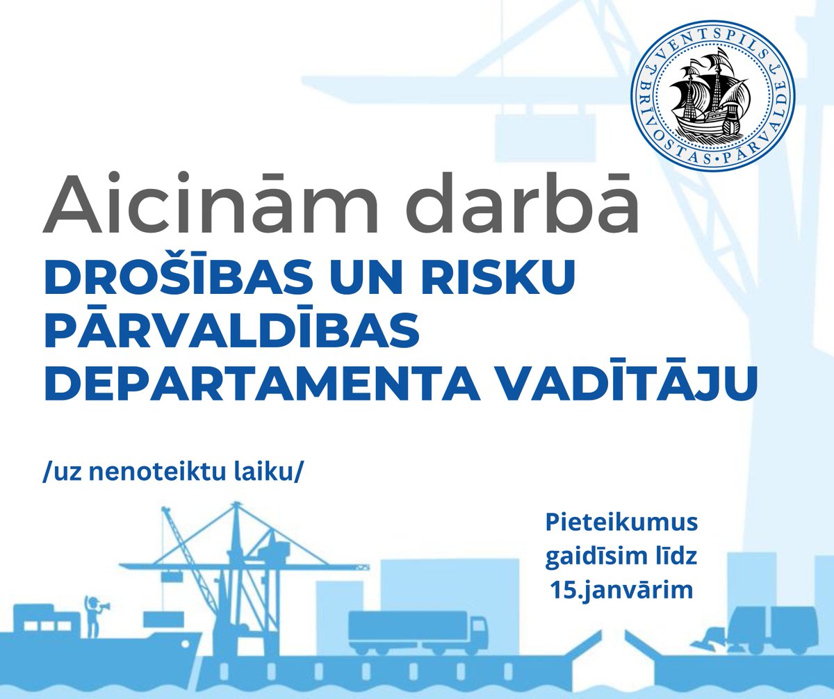 #TeIrDarbs
🔎 Meklējam kolēģi – drošības un risku pārvaldības departamenta vadītāju!
🗓️Piesakies līdz 2025. gada 15. janvārim. 
🔗 Vairāk informācijas par piedāvājumu un prasībām: portofventspils.lv/lv/brivostas-p…