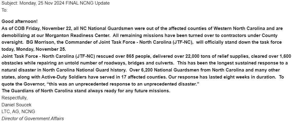 NC National Guard has not answered me yet, but I was forwarded an email  from the NCNG which states that as of Nov. 25, the NC Natl Guard has been pulled out of relief efforts and contractors have taken over.
New Q: What contractors?
#ncpol  #HeleneNC