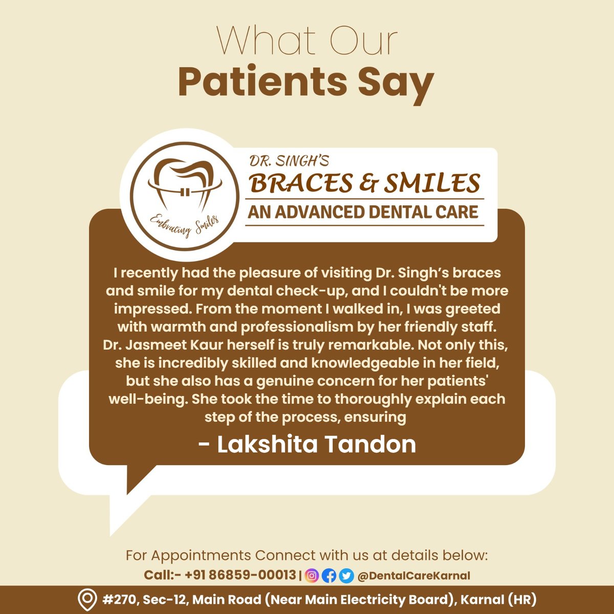DentalCareKNL's tweet photo. Have glimpse of what our patients say about Dr Singh's Braces & Smiles. These words mean the most to us and encourage us to provide you the most luxurious dental experience in Karnal.
Call/WhatsApp: 8685900013
#PatientsReview #DentalCareKarnal #DentalCareClinic #DentistinKarnal https://t.co/arsfRyL9fN