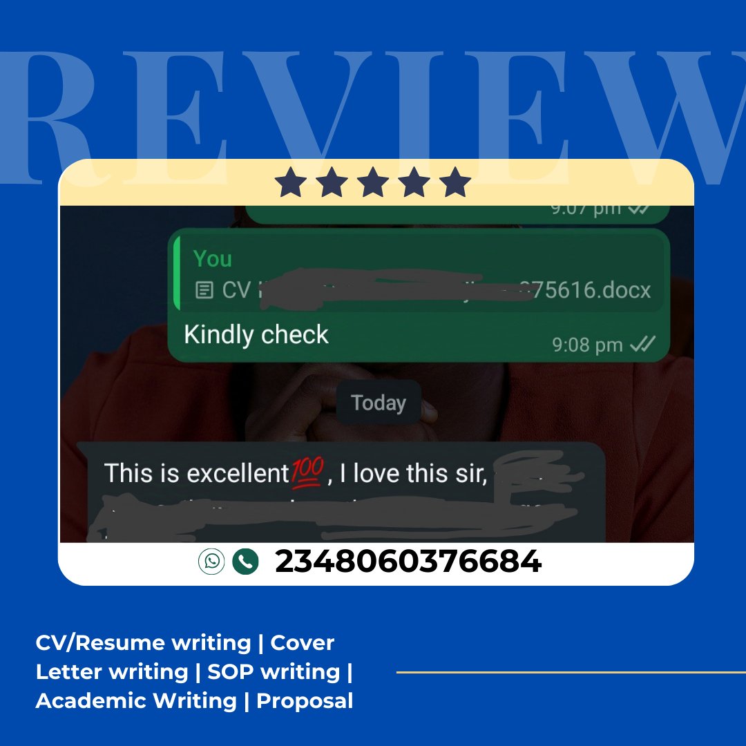 Toluwashayo's tweet photo. A 7 years+ Electrical Engineering expert said the CV we wrote for them is 'excellent and they love it'.
You can start the conversation to get a winning #CV/#Resume NOW
#WritingCommunity #SOPwriter #Beckysangels #GHLimite12 #davido https://t.co/kYLJNSBkNE