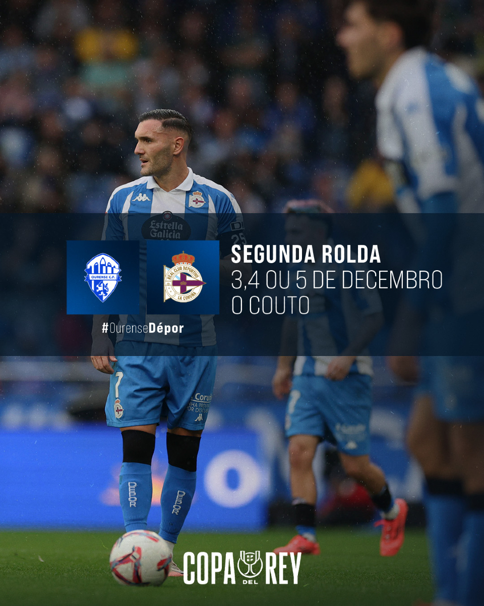 RCDeportivo's tweet photo. 🚨 Xa temos rival na segunda rolda da #CopaDelReyMapfre. 

🏆 Segunda rolda
🆚 Ourense CF
🗓️ 3, 4 ou 5 de decembro.
📍 O Couto. https://t.co/wXkk24zQgA