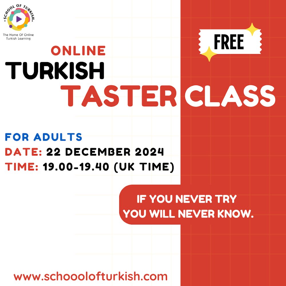 SchoolofTurkish's tweet photo. We’re excited to announce that registration is now open for our online 𝑻𝒖𝒓𝒌𝒊𝒔𝒉 𝑪𝒐𝒖𝒓𝒔𝒆𝒔 for all levels, catering to both adults and young learners! The new term begins on 13th January 2025.🥳 https://t.co/qRcTmqntYi