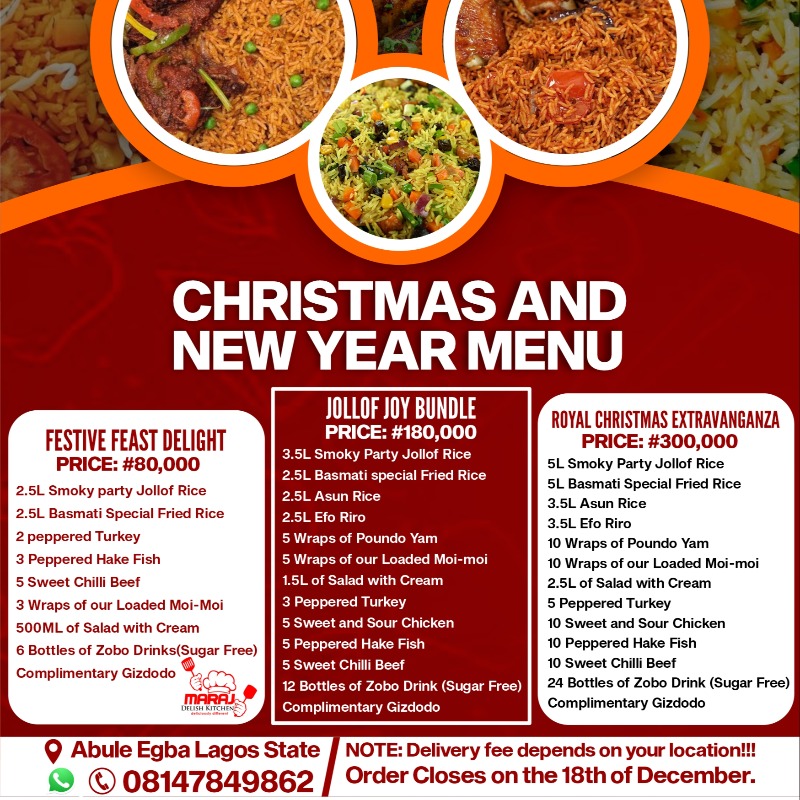 chef_eem's tweet photo. Xmas &amp; New Year Package
Choose from our specially discounted packages:
🎁Festive Feast Delight
🎁Jollof Joy Bundle
🎁Royal Christmas Extravaganza 

📍 Delivery available on both the Mainland and Island!
🚨 Hurry! Orders close on December 18th!

https://t.co/jclAltJgqD