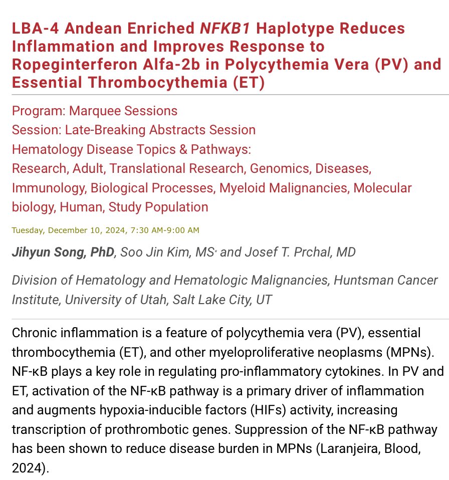 👉#ASH24 Looking forward to hearing more about the novel #MPNSM findings from Dr Josef Prchal’s <a href="/huntsmancancer/">Huntsman Cancer Institute</a> group at Late Breaker {#LBA-4}at <a href="/ASH_hematology/">ASH</a> annual meeting | #NFKB1 #Haplotype | ash.confex.com/ash/2024/webpr… |
