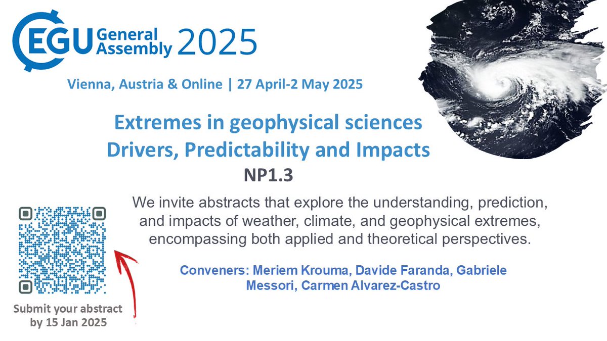 Meriem Krouma (@meriemkrouma) on Twitter photo 📢Call for Abstracts! Join us at the #EGU2025 in Vienna! Consider submitting an abstract to our session <a href="/EGU_NPG/">Nonlinear Processes in Geophysics</a> 1.3 - Extremes in Geophysical Sciences: drivers, predictability, and impacts.
➡️ more info meetingorganizer.copernicus.org/EGU25/session/…
⏰Deadline: 15 January 2025 📢Call for Abstracts! Join us at the #EGU2025 in Vienna! Consider submitting an abstract to our session <a href="/EGU_NPG/">Nonlinear Processes in Geophysics</a> 1.3 - Extremes in Geophysical Sciences: drivers, predictability, and impacts.
➡️ more info meetingorganizer.copernicus.org/EGU25/session/…
⏰Deadline: 15 January 2025