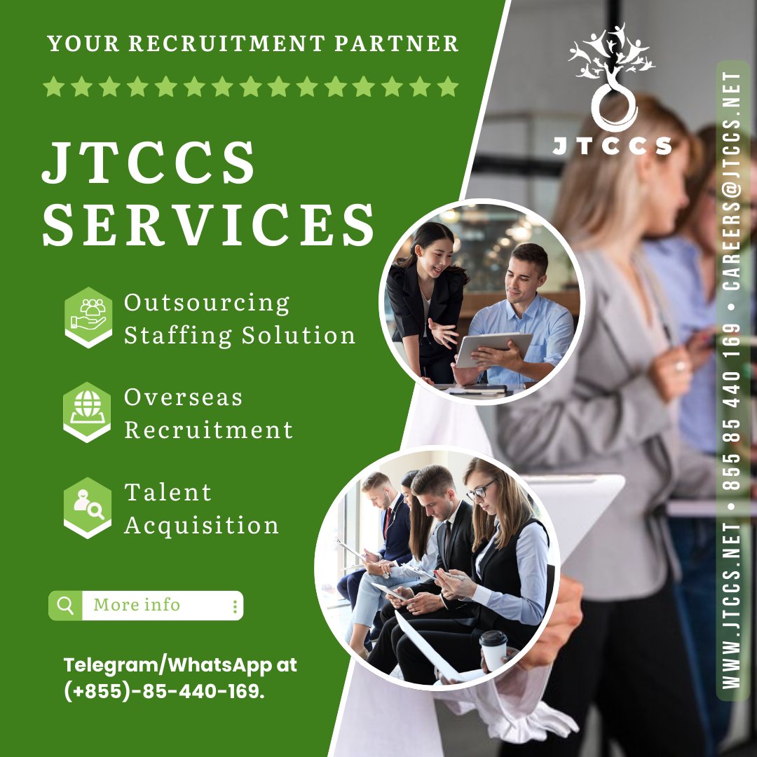 JtccsNet's tweet photo. Looking to build a high-performing team? 𝐉𝐓𝐂𝐂𝐒 is your 𝐭𝐫𝐮𝐬𝐭𝐞𝐝 𝐫𝐞𝐜𝐫𝐮𝐢𝐭𝐦𝐞𝐧𝐭 𝐩𝐚𝐫𝐭𝐧𝐞𝐫!

Contact us via WhatsApp/Telegram: +𝟖𝟓𝟓-𝟖𝟓-𝟒𝟒𝟎-𝟏𝟔𝟗 or email us at 𝐜𝐚𝐫𝐞𝐞𝐫𝐬@𝐣𝐭𝐜𝐜𝐬.𝐧𝐞𝐭. Visit https://t.co/RiQYhkyhla to learn more!

#Cambodia https://t.co/HowHzyTo19