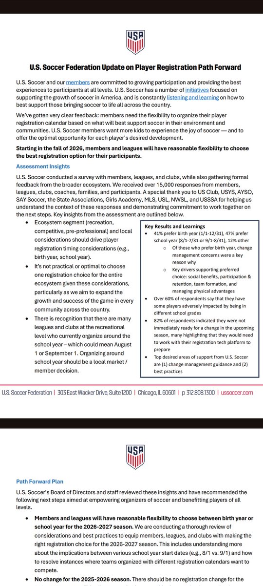LangleyTechwork's tweet photo. Finally an update from US soccer. No mandate starting from 2026. Age group cutoff will be decided by each sanction body. https://t.co/eKTOnLojEL