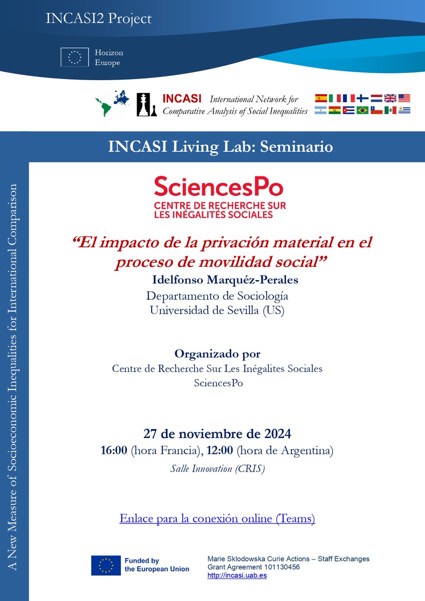 PERFIL INACTIU - Institut d'Estudis del Treball (@ietreball) on Twitter photo 🆕Hoy tendrá lugar el #INCASILivingLab: “El impacto de la privación material en el proceso de movilidad social” de Ildelfonso Marqués-Perales de la <a href="/unisevilla/">Universidad de Sevilla</a>
🕓16h (Francia) - 12h (Argentina)
📍Salle Inovation (<a href="/sciencespo/">Sciences Po</a>)
💻Enlace a Teams: teams.microsoft.com/dl/launcher/la… 🆕Hoy tendrá lugar el #INCASILivingLab: “El impacto de la privación material en el proceso de movilidad social” de Ildelfonso Marqués-Perales de la <a href="/unisevilla/">Universidad de Sevilla</a>
🕓16h (Francia) - 12h (Argentina)
📍Salle Inovation (<a href="/sciencespo/">Sciences Po</a>)
💻Enlace a Teams: teams.microsoft.com/dl/launcher/la…