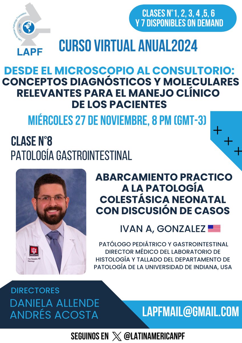 LAPF Patología (@latinamericanpf) on Twitter photo 🗓️Hoy miércoles 27 de noviembre, 8PM Arg/Uru (GMT-3)
📌Clase N°8: Patología Gastrointestinal- Dr. Iván González 🇺🇸 #cursovirtualLAPF
¡No te lo pierdas, te esperamos!
<a href="/Allende_DS/">Daniela Allende, MD MBA</a> <a href="/Andres_M_Acosta/">Andres Martin Acosta (Andy)</a> 🗓️Hoy miércoles 27 de noviembre, 8PM Arg/Uru (GMT-3)
📌Clase N°8: Patología Gastrointestinal- Dr. Iván González 🇺🇸 #cursovirtualLAPF
¡No te lo pierdas, te esperamos!
<a href="/Allende_DS/">Daniela Allende, MD MBA</a> <a href="/Andres_M_Acosta/">Andres Martin Acosta (Andy)</a>
