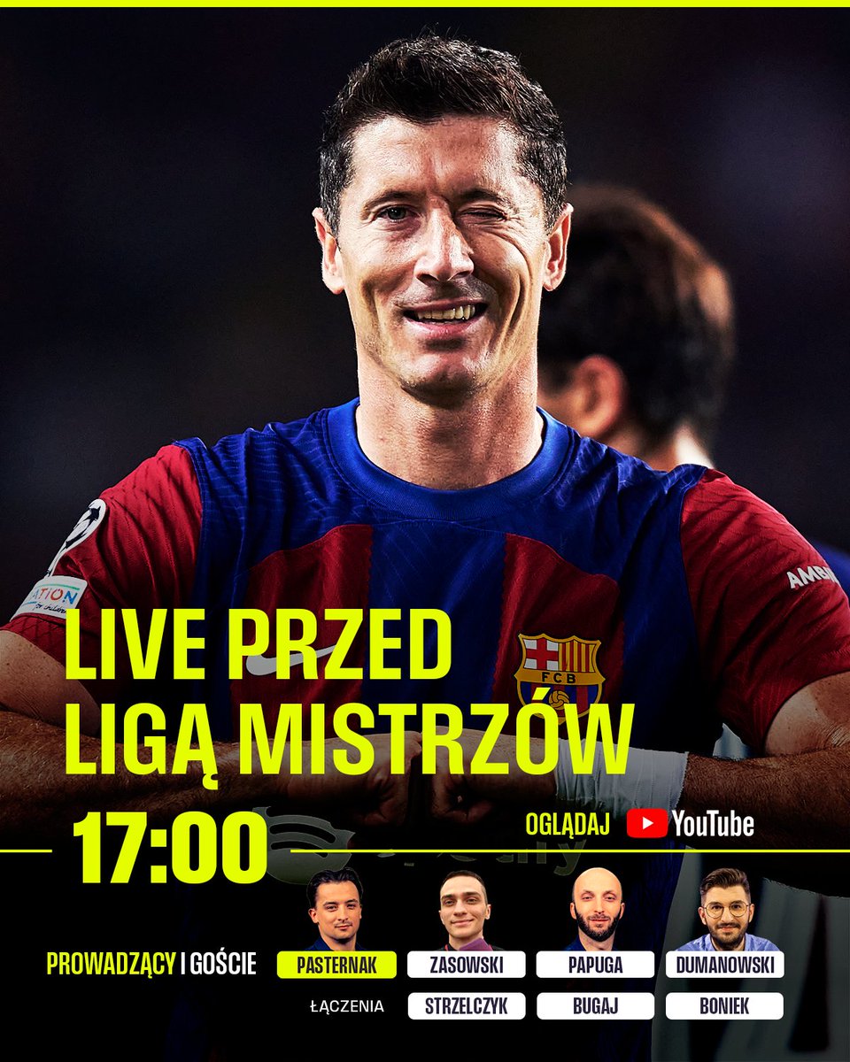 TVP SPORT (@sport_tvppl) on Twitter photo Punktualnie o 17:00 odpalamy na naszym YouTube LIVE przed Ligą Mistrzów! 🔴
Na pokładzie: <a href="/Do_Pasternak/">Dominik Pasternak</a>, <a href="/jonasz_zasowski/">Jonasz Zasowski</a>, <a href="/WojtekPapuga/">Wojtek Papuga</a> i <a href="/PDumanowski/">Piotr Dumanowski</a>!
📞 Będą łączenia z Barcelony (<a href="/maja_strzelczyk/">Maja Strzelczyk</a>), Bolonii (<a href="/HubertBugaj/">Hubert Bugaj</a>) oraz z <a href="/BoniekZibi/">Zbigniew Boniek</a>! Punktualnie o 17:00 odpalamy na naszym YouTube LIVE przed Ligą Mistrzów! 🔴
Na pokładzie: <a href="/Do_Pasternak/">Dominik Pasternak</a>, <a href="/jonasz_zasowski/">Jonasz Zasowski</a>, <a href="/WojtekPapuga/">Wojtek Papuga</a> i <a href="/PDumanowski/">Piotr Dumanowski</a>!
📞 Będą łączenia z Barcelony (<a href="/maja_strzelczyk/">Maja Strzelczyk</a>), Bolonii (<a href="/HubertBugaj/">Hubert Bugaj</a>) oraz z <a href="/BoniekZibi/">Zbigniew Boniek</a>!
