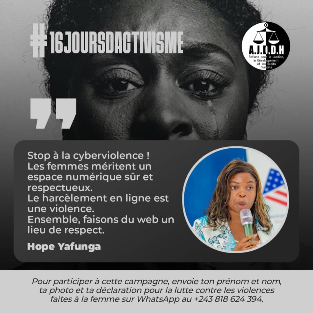 J'exprime ma voix haut et fort pour dénoncer toutes formes de violences faites à la #femme_et_à_la_jeune_fille   en  #ces_16_jours_d_activisme_contre_les_violences_bassée_sur_le_genre.
Voici mon message : 👇👇
<a href="/RienSlesFemmes/">Rien sans les Femmes</a> 
<a href="/ONUFemmesRDC/">ONU Femmes RDC</a>