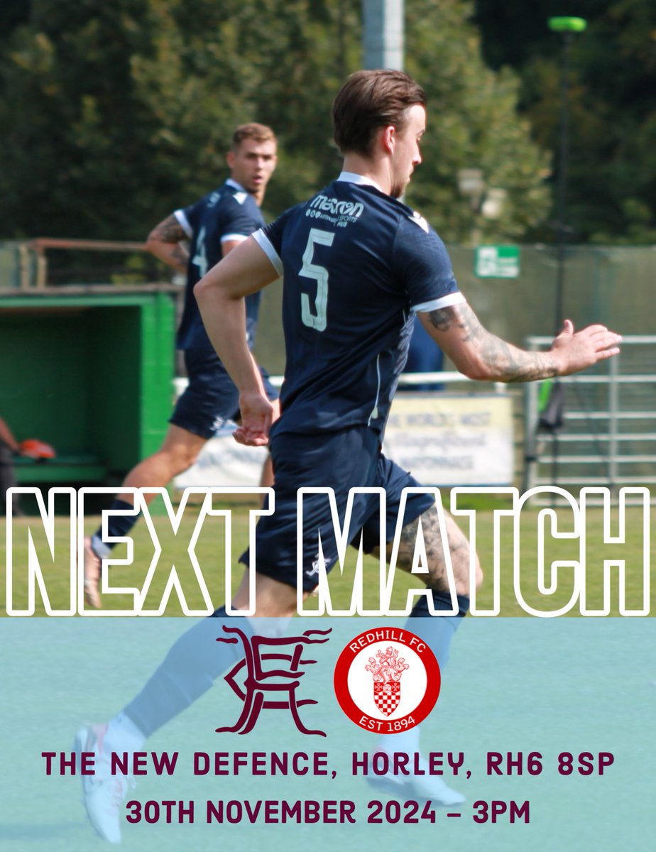 HorleyTownFC's tweet photo. NEXT UP ⏭️

We are back at home on Saturday afternoon as we host local rivals @redhillfc  

🗓️30/11/24
📍The New Defence RH6 8SP
⏰3 pm KO
🎟️£8/£4/U16Free 
📖Printed Programmes 
🍔🍻Food &amp; Drink

Come and support your local club!

#HTFC🟣🔵 https://t.co/airhcSzHc5