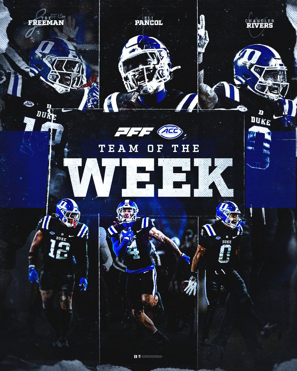 Duke Football (@dukefootball) on Twitter photo PFF ACC Team of the Week ๐
<a href="/iam_AF12/">Anthony (Tre) Freeman III</a> x <a href="/elipancol/">Elijah</a> x <a href="/_ChandlerRivers/">โ๐๐๐ ยฒ</a> PFF ACC Team of the Week ๐
<a href="/iam_AF12/">Anthony (Tre) Freeman III</a> x <a href="/elipancol/">Elijah</a> x <a href="/_ChandlerRivers/">โ๐๐๐ ยฒ</a>