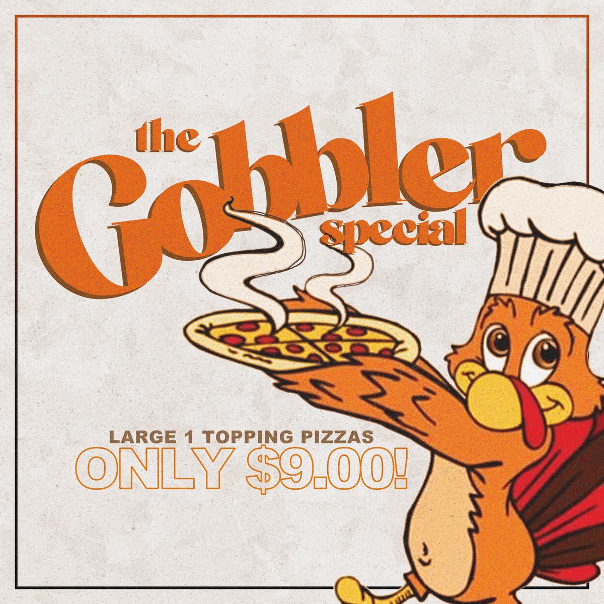 The King loves this time of year because he gets to run his 🦃🍕 GOBBLER SPECIAL!

This WEDNESDAY: 👉Large 1 Topping Pizzas are ONLY $9.00! 

You have enough cooking ahead of you. Grab a pie and enjoy your family and friends!

Dine In, Pick Up, or Delivery!

👑 Martel’s Pizza