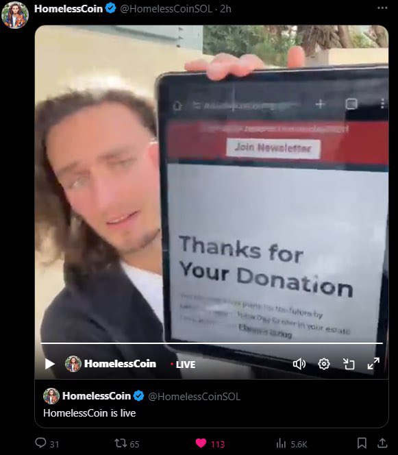 <a href="/Jejouw/">jejouw</a> <a href="/HomelessCoinSOL/">Homeless Coin</a> , he’s live 24/7 homeless without food, money raising awareness of how the homeless are living. 

Liquidity burnt at each milestone and the profits will be donated to a homeless charity.

This is more than a meme coin, it’s a movement.