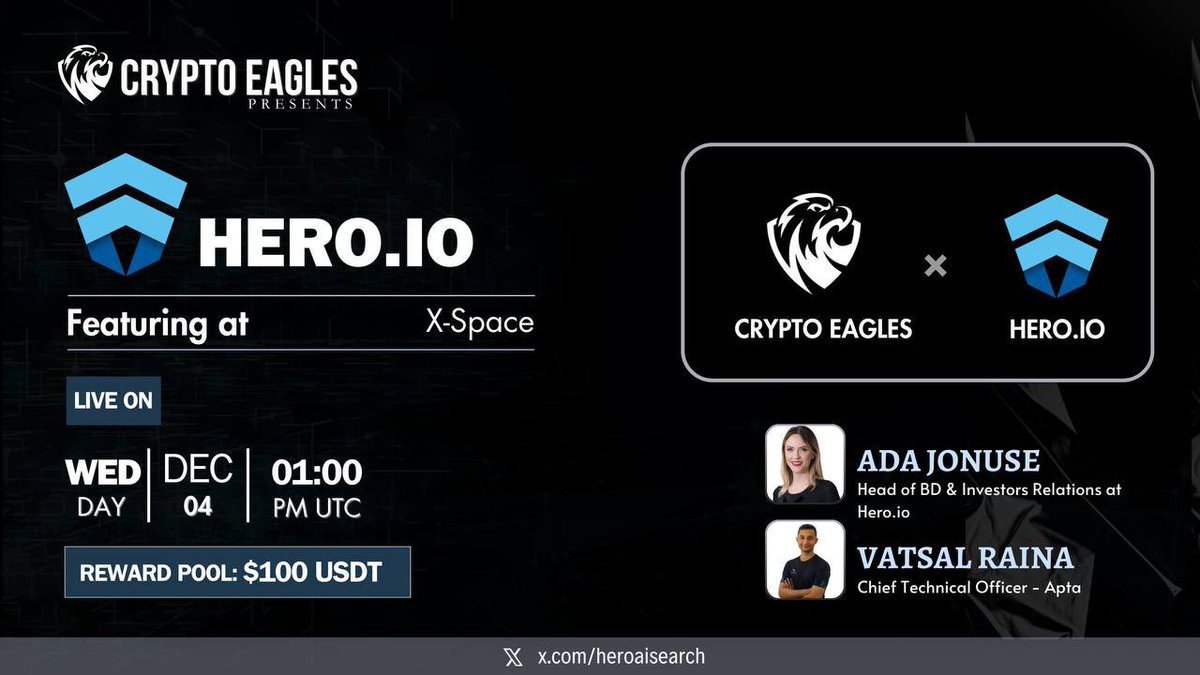 We are pleased to announce our Next X-space on December 4 , 2024 at 1PM UTC.

<a href="/CryptoProject6/">Crypto Eagles</a>
 x 
<a href="/HeroAisearch/">Hero</a> 

Venue:- x.com/i/spaces/1vAxR…

Reward : 100$

Requirements:
Follow :-
✅ <a href="/CryptoProject6/">Crypto Eagles</a>
✅ <a href="/HeroAisearch/">Hero</a> 

Like, RT, Tag your 3 Friends.