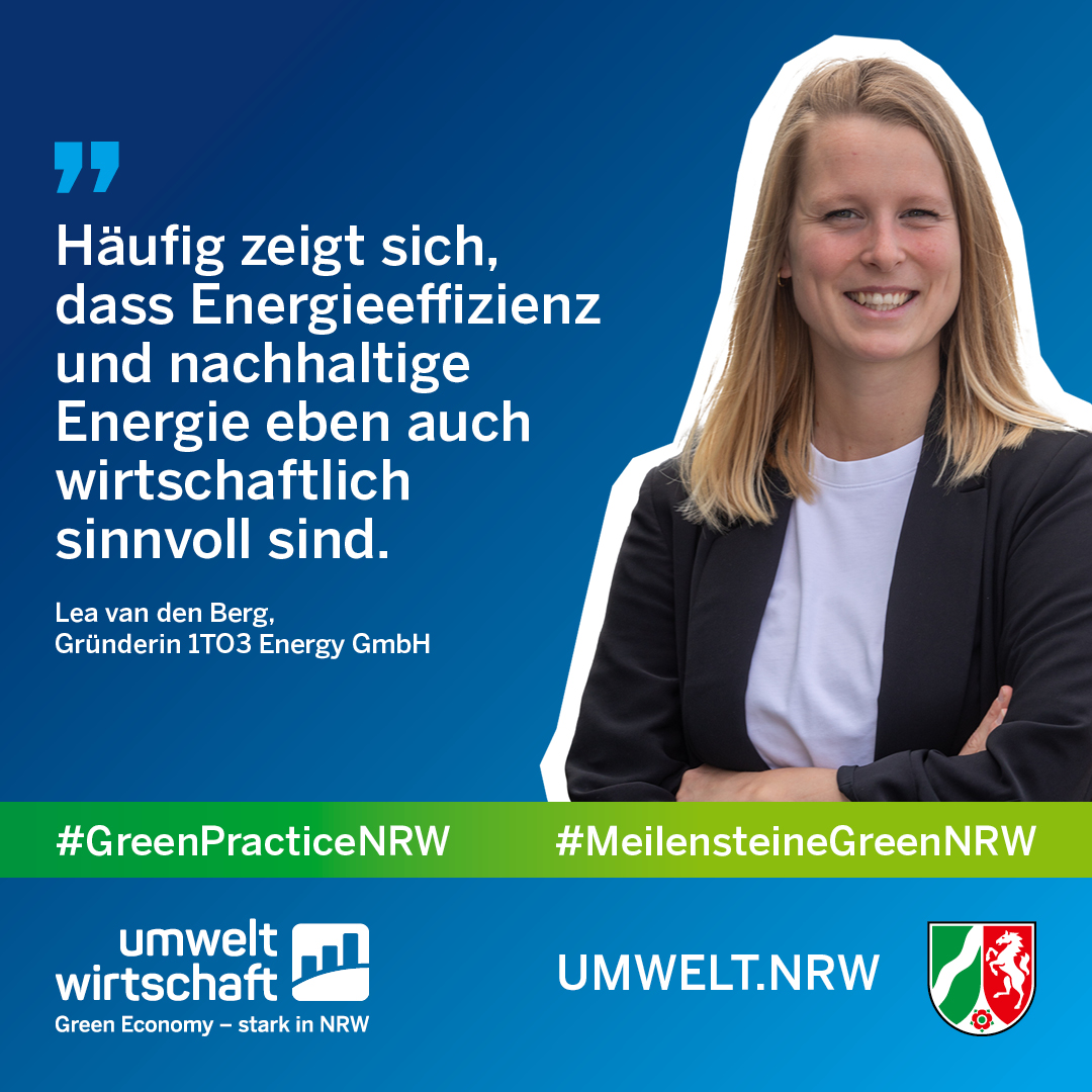 UmweltNRW's tweet photo. #GreenPracticeNRW:  Als Mitgründerin der Kölner 1TO3 Energy GmbH geht es Lea van den Berg um den   Blick aufs Ganze bei der #Sanierung von Gebäuden. Wie es ist, ein grünes #startup zu  gründen, berichtet sie im Interview🚀🌱
ℹ️👉https://t.co/iTJewToOZk
#MeilensteineGreenNRW https://t.co/StENnx0Cx3