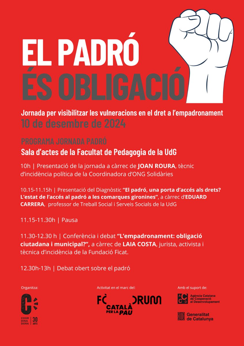 CISA_UdG (@cisa_udg) on Twitter photo “El padró és obligatori” Jornada de visibilització de les vulneracions en el dret de l’empadronament.
Amb Joan Roure, Eduard Carrera i Laia Costa
10 desembre 10h a 13h @UnivGirona <a href="/UdGEducacioPsic/">Facultat Edu. Psico</a>
<a href="/CoordinadoraOF/">Coordinadora Obrim Fronteres #regularitzacioxtotes</a> #ForumCatPau <a href="/cooperaciocat/">Cooperació</a> “El padró és obligatori” Jornada de visibilització de les vulneracions en el dret de l’empadronament.
Amb Joan Roure, Eduard Carrera i Laia Costa
10 desembre 10h a 13h @UnivGirona <a href="/UdGEducacioPsic/">Facultat Edu. Psico</a>
<a href="/CoordinadoraOF/">Coordinadora Obrim Fronteres #regularitzacioxtotes</a> #ForumCatPau <a href="/cooperaciocat/">Cooperació</a>