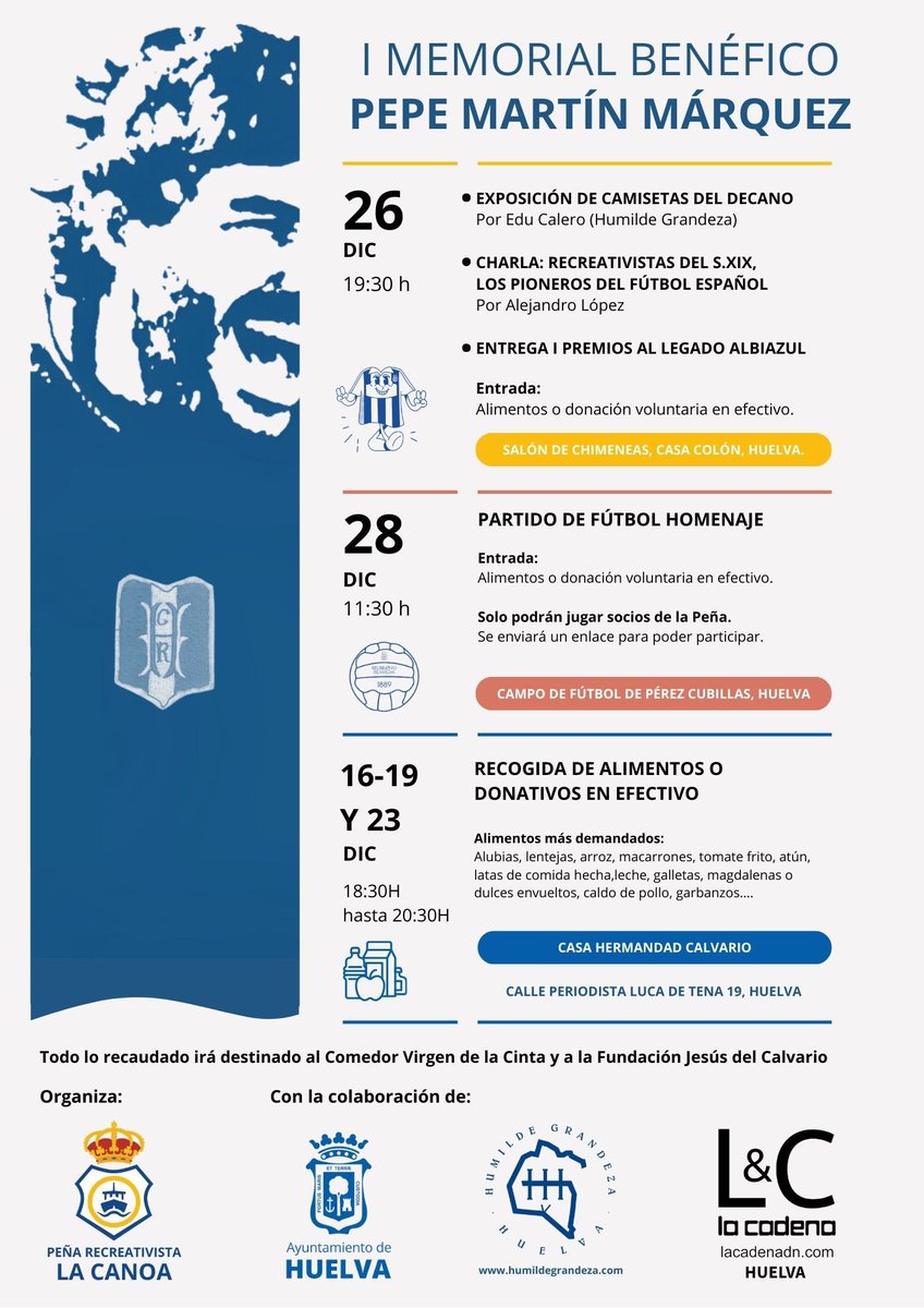 Queridos amigos, 

Estas navidades tendrán fechas muy especiales. 

Os presentamos el I Memorial Pepe Martín Márquez💙🤍

Todos los eventos tienen fines benéficos y se recogerá dinero efectivo y alimentos no perecederos.

Más info en el cartel⬇️

¡Os esperamos!