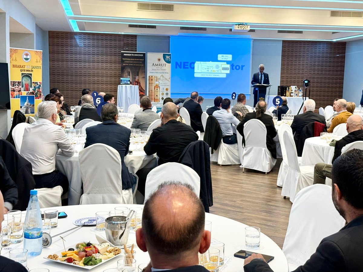 High Commissioner Mr. Manish <a href="/ManishGIfs/">Manish Manish</a> inaugurated the first ever Indian Whisky Tasting Event in Cyprus featuring world-renowned Indian whiskeys, @Amrutwhisky and @indrisinglemalt, hosted by the High Commission of India @HCI_nicosia. 🥃🇮🇳 He highlighted that India is the