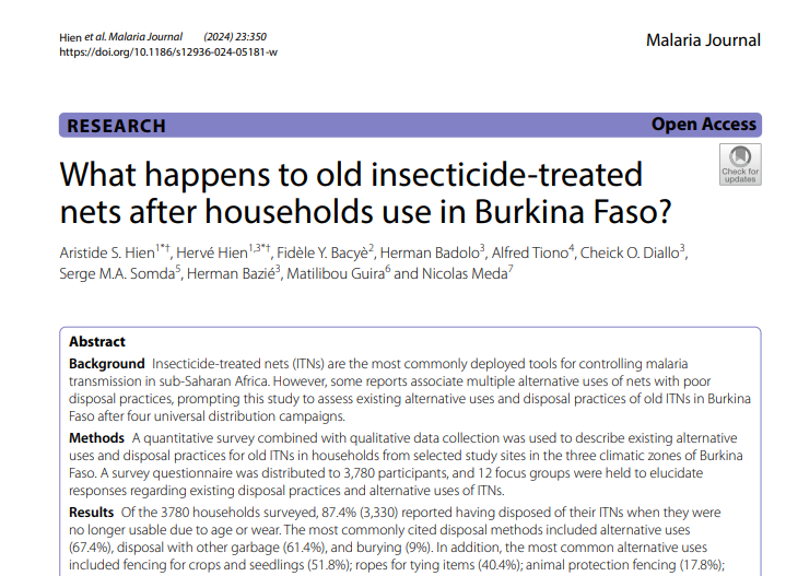 A second round of congrats to our colleagues at Institut de Recherches en Sciences de la Santé in Burkina Faso this week, for this new <a href="/MalariaJournal/">Malaria Journal</a> article assessing disposal practices for ITNs after four universal mass campaigns. Learn more: ow.ly/5uSV50Ugnea