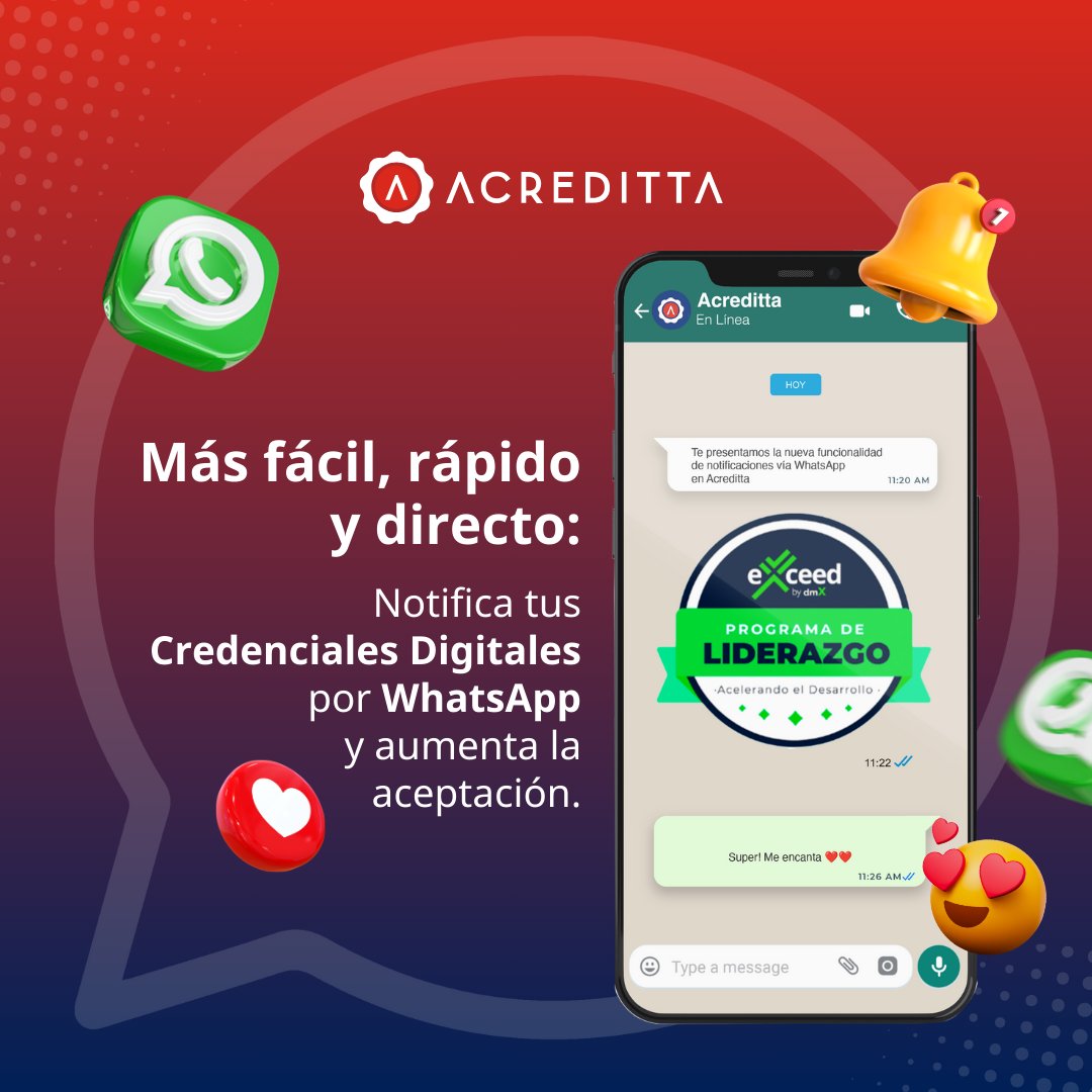 ¡Envía Credenciales Digitales por WhatsApp con Acreditta! 📲

✅ Notificaciones rápidas y directas
✅ Fácil de aceptar y compartir
✅ Mejora la experiencia de tus acreditados

🚀 Simplifica el proceso: Crea tu cuenta gratis aquí: hubs.la/Q02YBPMs0