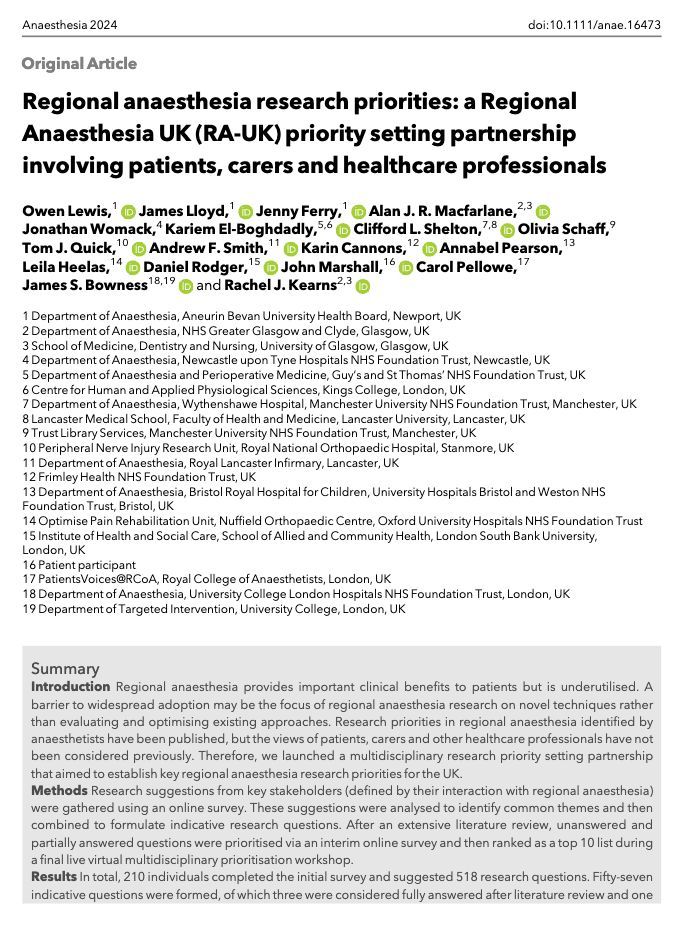 Research priorities in #regionalanaesthesia identified by anaesthetists have been published, BUT the views of patients, carers &amp; other healthcare professionals have not been considered.

Enter the Regional Anaesthesia UK (RA-UK) priority setting partnership!