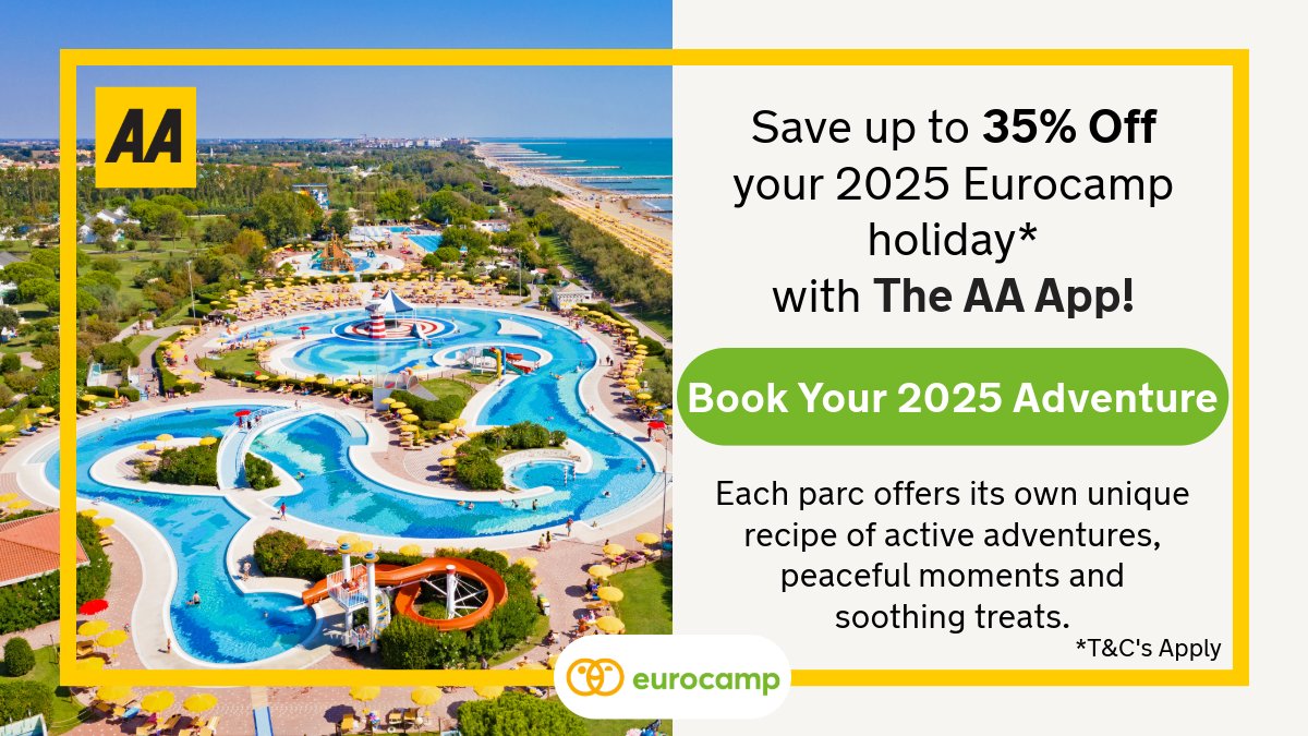 aaroadwatch's tweet photo. 🌞 Ready to plan your 2025 getaway? Save up to 35% on your Eurocamp adventure with The AA App! 🏖️
Book now and start dreaming of sandy beaches and family fun! https://t.co/Kso5tHneUF
#Eurocamp #TravelSavings #HolidayPlans #AAApp https://t.co/yo9HlAc1k0