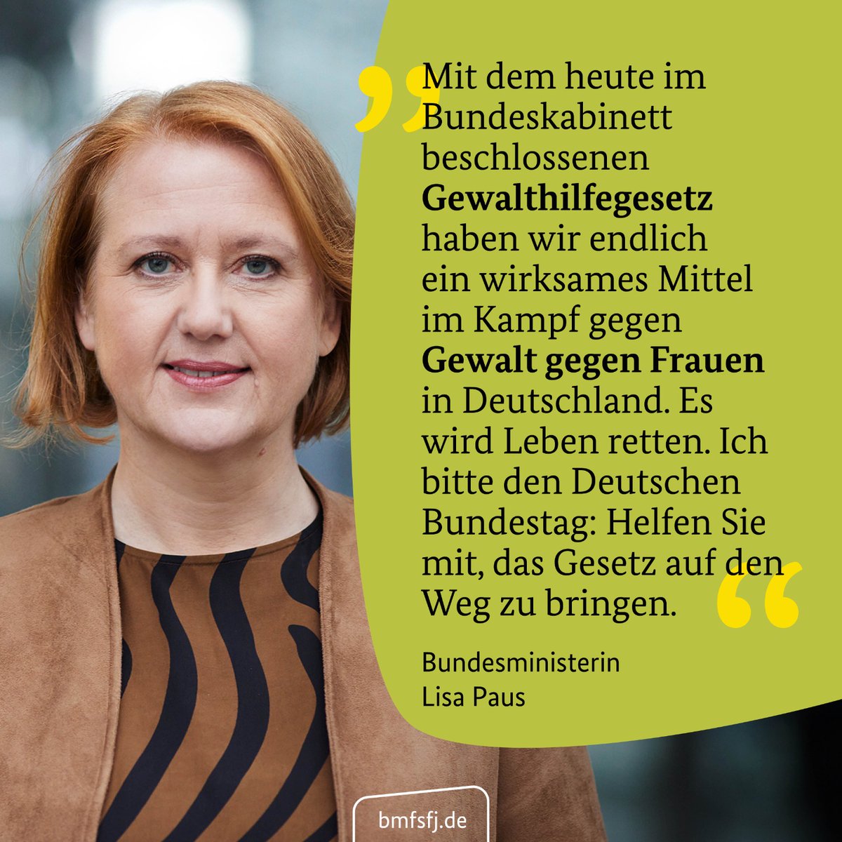 Das Bundeskabinett hat heute den Entwurf für das Gewalthilfegesetz beschlossen. Es soll erstmals einen bundesgesetzlichen Rahmen für ein verlässliches Hilfesystem bei geschlechtsspezifischer und häuslicher Gewalt schaffen.

#Gewalt #Frauen #Hilfe #Gewalthilfegesetz #Frauenhaus