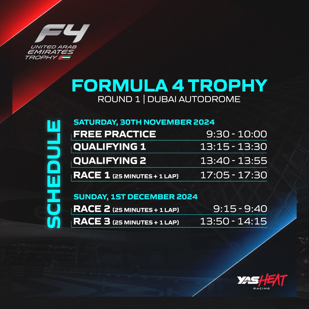 YAS Heat Racing (@yasheatracing) on Twitter photo We are kicking off the season with not ONE but THREE <a href="/formula4uae/">Formula 4 UAE</a> Trophy Rounds.
Visit us this weekend at Round 1 at <a href="/DubaiAutodrome/">Dubai Autodrome Tube</a>, as Adam Al Azhari and August Racing make their debut in #YasHeatRacing!
Check out the weekendโs schedule ๐
Timings are subject to change ๐ We are kicking off the season with not ONE but THREE <a href="/formula4uae/">Formula 4 UAE</a> Trophy Rounds.
Visit us this weekend at Round 1 at <a href="/DubaiAutodrome/">Dubai Autodrome Tube</a>, as Adam Al Azhari and August Racing make their debut in #YasHeatRacing!
Check out the weekendโs schedule ๐
Timings are subject to change ๐