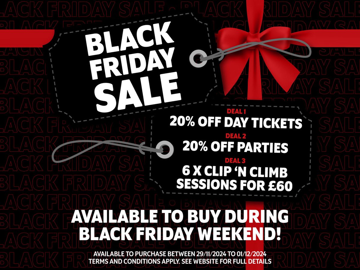 BLACK FRIDAY SALE NEXT WEEK! 

DEAL 1 - Use code BFDAYTICKET and get 20% Off Day Tickets!

DEAL 2 - Use code BFPARTY20 and get 20% Off Birthday Party Bookings!

DEAL 3 - 6 x Clip 'n Climb sessions for £60 when you buy our Multi-Buy option!

Buy now at loom.ly/0mrwKMo